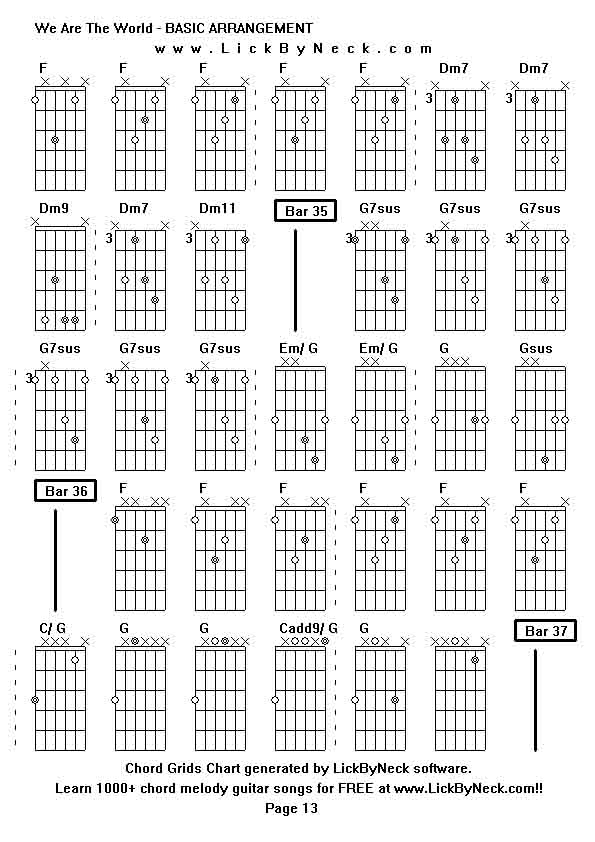 Chord Grids Chart of chord melody fingerstyle guitar song-We Are The World - BASIC ARRANGEMENT,generated by LickByNeck software.